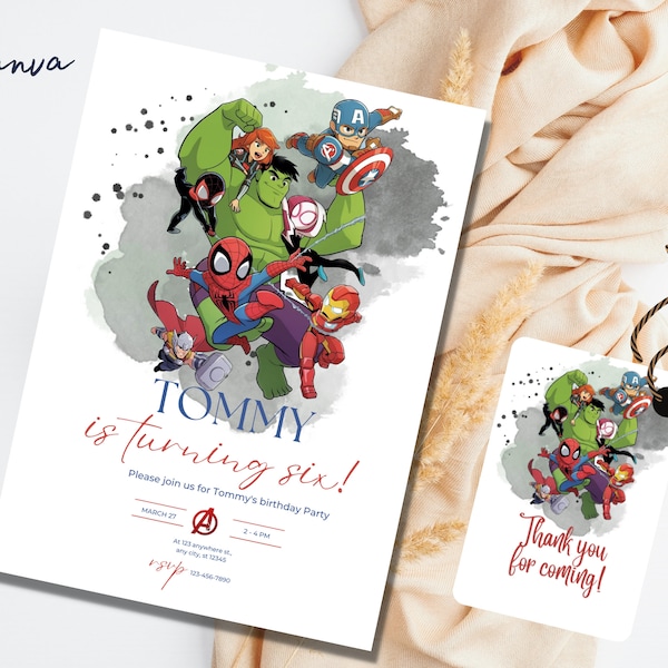 Editable Avengers Birthday Invitation Template, Printable Birthday Party Invitation, Digital Kids Party Template, Avengers invitation 0059