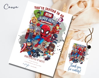 Modèle d’invitation d’anniversaire de super-héros modifiable, invitation de fête d’anniversaire imprimable, modèle d’invitation de fête numérique pour enfants, carte Avengers 0081