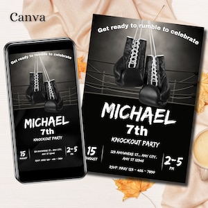 May include: Black and white boxing themed invitation for a 7th birthday party. The invitation features a pair of black boxing gloves hanging from a rope in a boxing ring. The text on the invitation reads "Get ready to rumble to celebrate Michael 7th Knockout Party". The date and time of the party are listed as "August 15th, 2-5 PM".