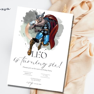 Modelo de convite de festa de aniversário de Thor, convite de aniversário de Thor, etiqueta de agradecimento de Thor, convite editável, cartão de aniversário, aniversário