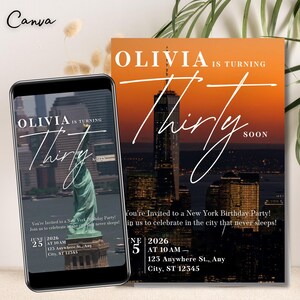 Convite de aniversário digital editável - Tema do horizonte de Nova York, convite para festa de 30 anos - Design da Estátua da Liberdade - Download instantâneo 0438