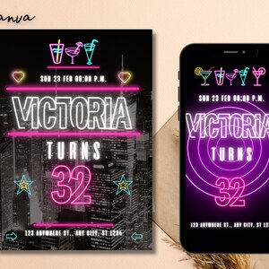 digitale uitnodiging voor neonfeest, cocktailneonuitnodiging, neonvideo-evite, afdrukbaar en deelbaar, video-uitnodiging iPhone mobiel 0112