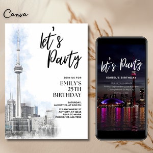 Uitnodiging voor feest van Toronto City, Toronto City uitnodiging direct downloaden, afdrukbaar en deelbaar, video-uitnodiging, Toronto bewerkbare 0218