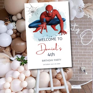 Spiderman bewerkbaar welkomstbord - elke leeftijd - partij 18 x 24 en 20 x 30" kaarten Spiderman Poster EDIT INSTANT DOWNLOAD, kinderfeest welkom 0089