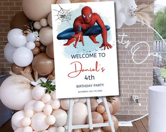 Könnte beinhalten: Ein Willkommenszeichen für eine Geburtstagsparty mit einem Cartoon-Bild von Spiderman in einem rot-blauen Anzug. Das Schild lautet "Welcome to Daniel's 4th Birthday Party Saturday July 29 20XX".