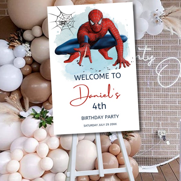 Spiderman Editable Welcome Sign - Any Age - Party 18 x 24 and 20 x 30" Cards spiderman Poster EDIT INSTANT DOWNLOAD, kids party welcome 0089