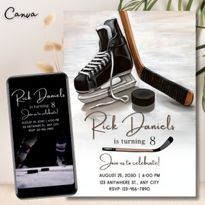 Modèle modifiable d'invitation d'anniversaire de hockey, invitation de fête de hockey imprimable, modèle d'invitation de fête de hockey numérique, invitation de texte 0406