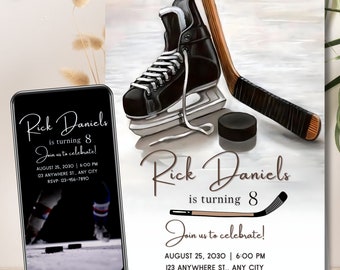 May include: A hockey-themed birthday invitation for Rick Daniels' 8th birthday. The invitation features a black and white hockey skate, a hockey stick, and a puck. The text on the invitation reads "Rick Daniels is turning 8. Join us to celebrate! August 25, 2030 | 6:00 PM 123 Anywhere St., Any City RSVP: 123-456-7890"