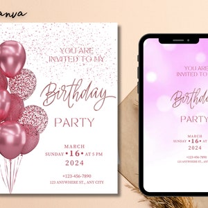 Bewerkbare digitale uitnodiging voor verjaardagsfeestje, tekstuitnodiging roze instant download, afdrukbaar en deelbaar, iPhone en smartphone delen 0102