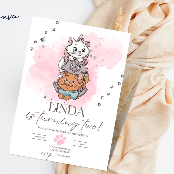 Cats Birthday Party Invitation Template, Kitty Birthday Invitation, Cats thank you tag, Editable Invitation, bday card, birthday invitation