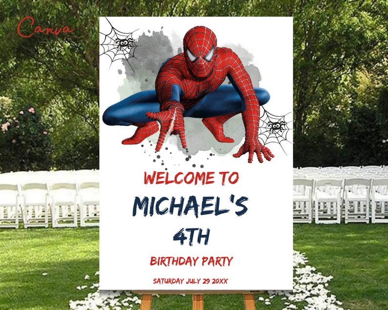 Spiderman Editable Welcome Sign Any Age Party 18 x 24 and 20 x 30 Cards spiderman Poster EDIT INSTANT DOWNLOAD, kids party welcome 0089 image 2