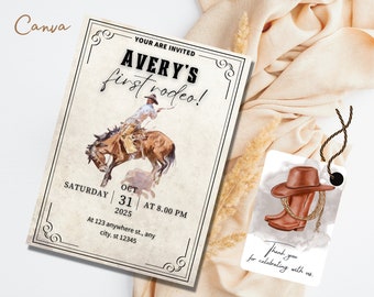 Invitación a mi primer rodeo: Cumpleaños de vaquero, Salvaje Oeste (Plantilla digital)
