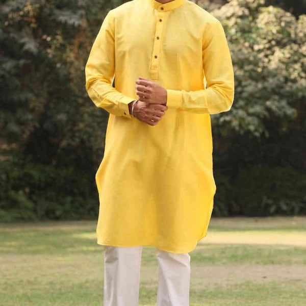 Summer yellow georgette paisley design Cotton regular fit mens kurta,  mens handmade kurta, mens Indian kurta, wedding kurta men, Mens kurta