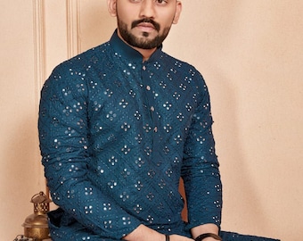Embroidered Georgette Kurta Pajama Set: Mirror Work Indian Menswear