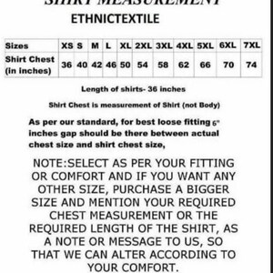 May include: Shirt size chart with measurements in inches for XS to 7XL. The chart shows the shirt chest measurement for each size. The length of the shirts is 36 inches. The text states that the shirt chest measurement is for the shirt, not the body. It also notes that for a loose fit, there should be a 6-inch gap between the actual chest size and the shirt chest size. The text recommends selecting the size based on fit and comfort, and if a different size is needed, to purchase a larger size and provide the required chest measurement or shirt length.