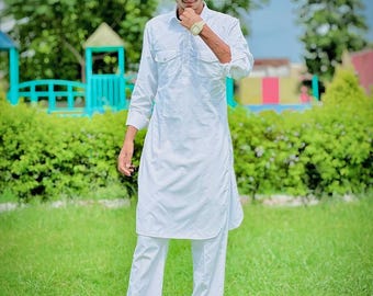Conjunto de traje Pathani de algodón blanco para hombre: Kurta larga con pijama