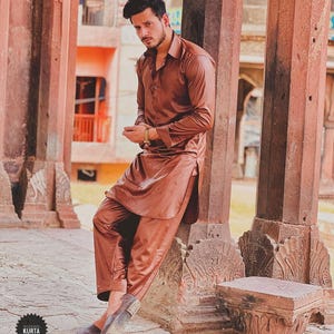 Men Latest Designer Kameez Shalwar For Eid, Eid Pakistani Suits, Handmade Salwar Kameez Plaid Burnt Orange, Pakistani Style Clothes