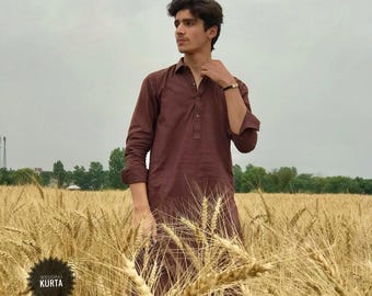 Handgefertigte braune Baumwolle Kurta : Herren indisches Hochzeitshemd