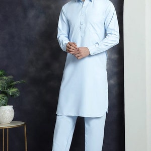Pure Sky Blue Kurta Sets, Solid Color and Stand Collar Kurta, Regular Fit Kurta Pajama, Full Length Kurta for Men, Handmade Party Wear Kurta