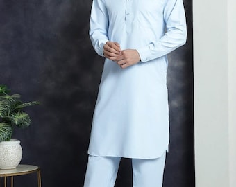Handmade Sky Blue Cotton Kurta Pajama Set: Indian Menswear