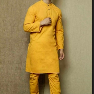 Herrpyjamaset med senapsgrå kurta: Indiska bröllopskläder i 100 % bomull bild 4