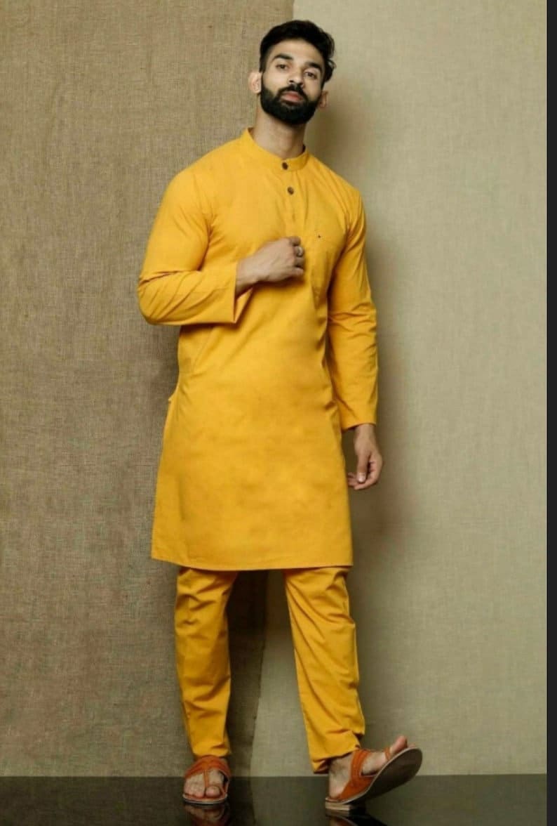 Herrpyjamaset med senapsgrå kurta: Indiska bröllopskläder i 100 % bomull bild 4