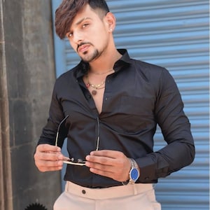 Indian Men&#39;s Black Shirt | Mandarin Collar Shirt | Ethnic Wear Shirts | Summer Mens Shirt | Vintage Shirts | Coustom Made Shirts - Black