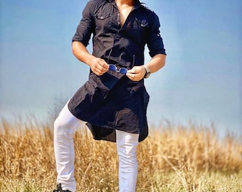 Kurta Pathani de algodón negro para hombre con pantalón blanco: conjunto de camisa larga