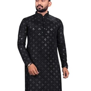 Men Silk kurta pyjama Chicken Kari Mirror Work Mens Kurta Solid Color Black Kurta Embroidered Kurta For Men All Size Available XS- 7xl