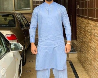 Handmade Sky Blue Shalwar Kameez: Men's Pakistani Kurta Set