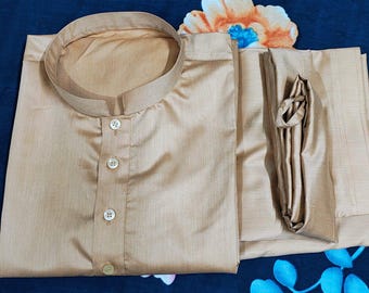 Beige Cotton Men&#39;s Kurta Pajama Set: Indian Wedding Outfit