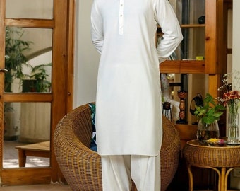 White Cotton Afghani Traditional Long Shalwar Kameez Set for Men w/ COTTON, Muslim Kurta, Islamic Wear, Afghan Clothes, Ethnic Clothing