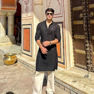 Black Traditional Chikankari Men Kurta, Bollywood Style Kurta, Men Party Wear Man Stuff, Soft Cotton Kurta Only Kurta Floral Design/Festival
