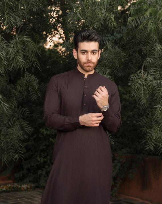 Handmade Dark Brown Cotton Kurta Pajama: Mens Ethnic Wear