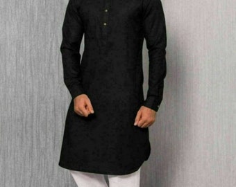 Kurta de algodón negro: Túnica asimétrica extragrande para hombre