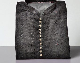 Conjunto de pijama masculino Chikankari Kurta preto: espelho bordado