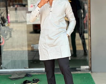 Beige Cotton Kurta for Men: Shirt Collar, Plus Size Available