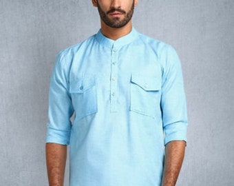 Men's Shirt With Shorts Short kurta with Shorts Beach Shirt With Shorts Mandarin Collar Pure cotton  Shirt With Shorts Solid sky blue Colour