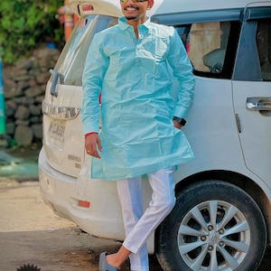 Men&#39;s Pathani Outfits ,Punjabi Kurta With Pants, Party Wear Kurta With Pajama, Pure Cotton Solid Sky Blue Color Kurta in White Pyjama