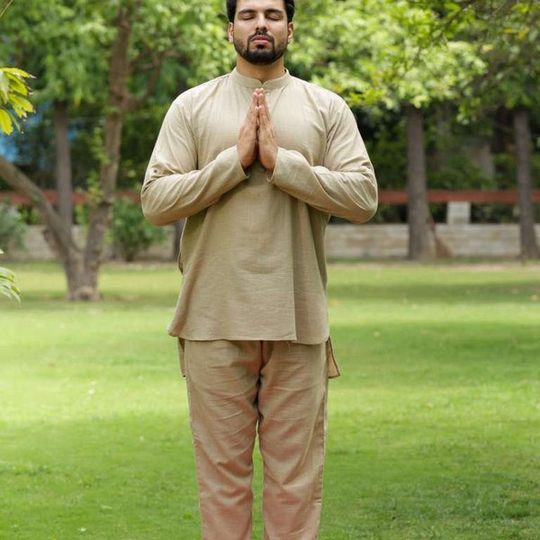 Men's Indian Yoga Kurta Pajama/Olive Green Cotton Linen Yoga Kurta Pyjama Set For Men/Solid Color Olive Green Meditation Suits/Jogging wear