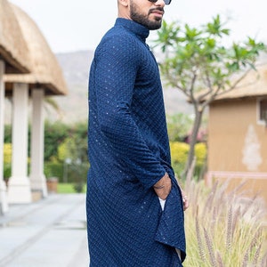 Blue Cotton Chikankari Kurta: Men's Floral Party Wear image 2