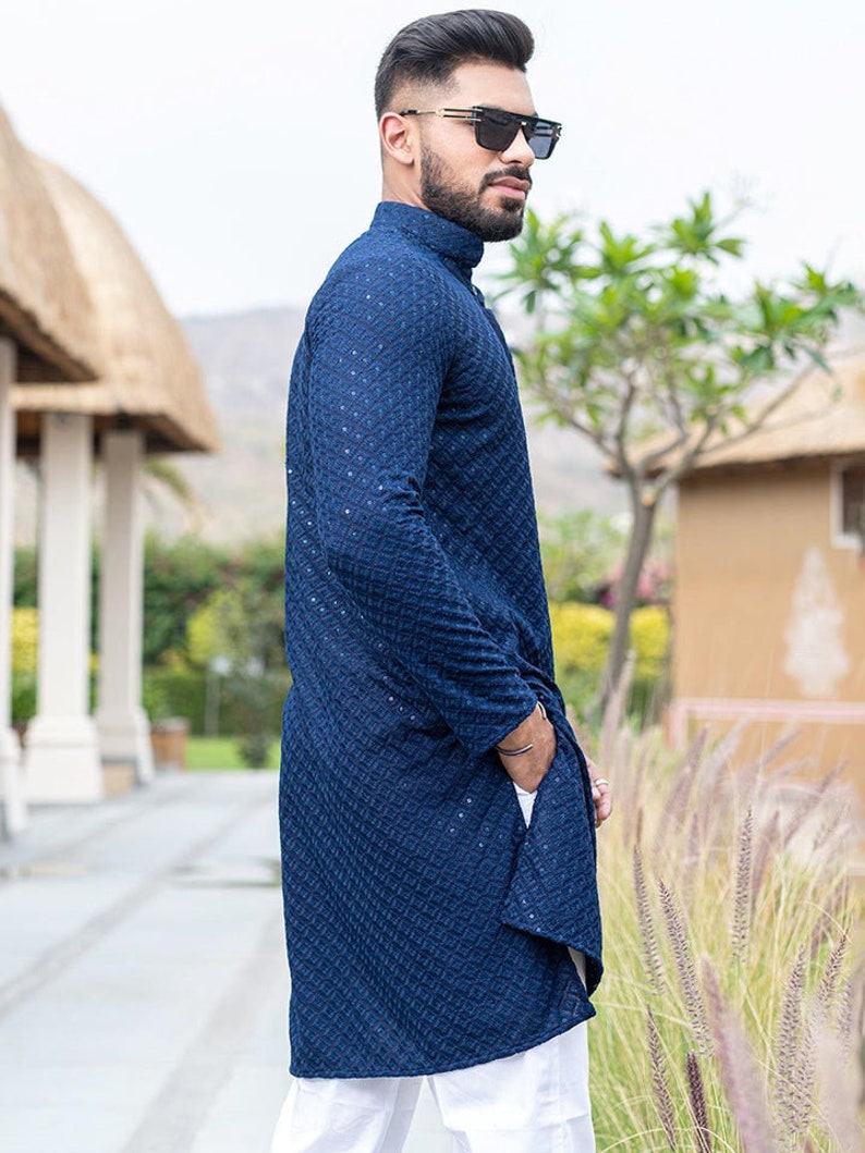 Blue Cotton Chikankari Kurta: Men's Floral Party Wear image 2