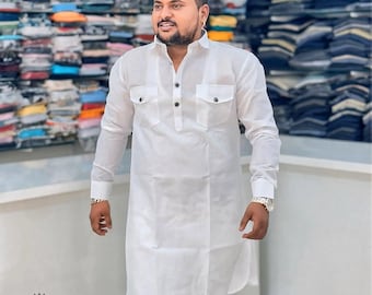 Conjunto Pathani Kurta de seda y algodón blanco: atuendo de boda para hombre