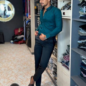 Teal Blue Cotton Kurta Shirt for Men: Indian Wedding Outfit