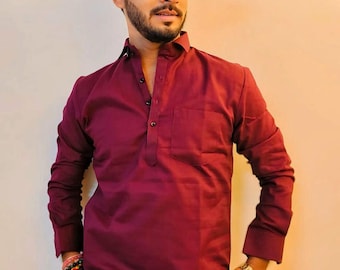 Mens Maroon Cotton Silk Kurta: Indian Party Wear