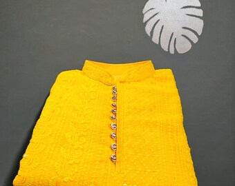 Set pigiama Kurta Chikankari giallo: georgette di cotone Lucknowi, paillettes