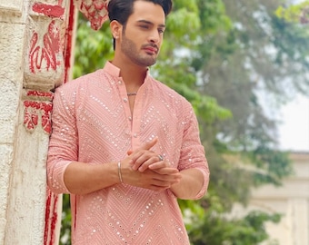 Men Peach Georgette Sequence Kurta with Salwar/Peach Cotton Silk Mirror Work Kurta/Mirror Embroidered Kurta/Zigzag Design Kurta/Festivals