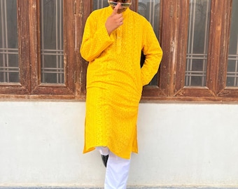 Yellow Paisley Chikankari Cotton Kurta Set: Mens Embroidered Wedding Outfit