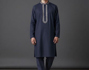 Men's Navy Blue Kurta Pajama | Minimalist Embroidery | Eid Diwali Wedding Wear