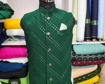 Dark Green Georgette Nehru Jacket: Indian Wedding Waistcoat